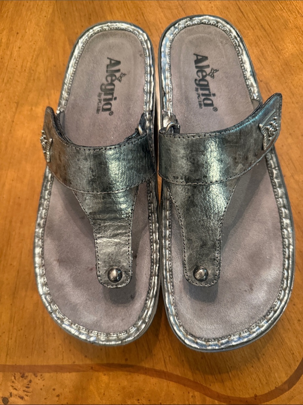 Alegria Metallic Pewter Thong Sandals - Women's Silver Tone